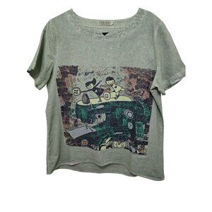 Green Graphic‎ Print Short Sleeve Linen -Shirt XX-Large